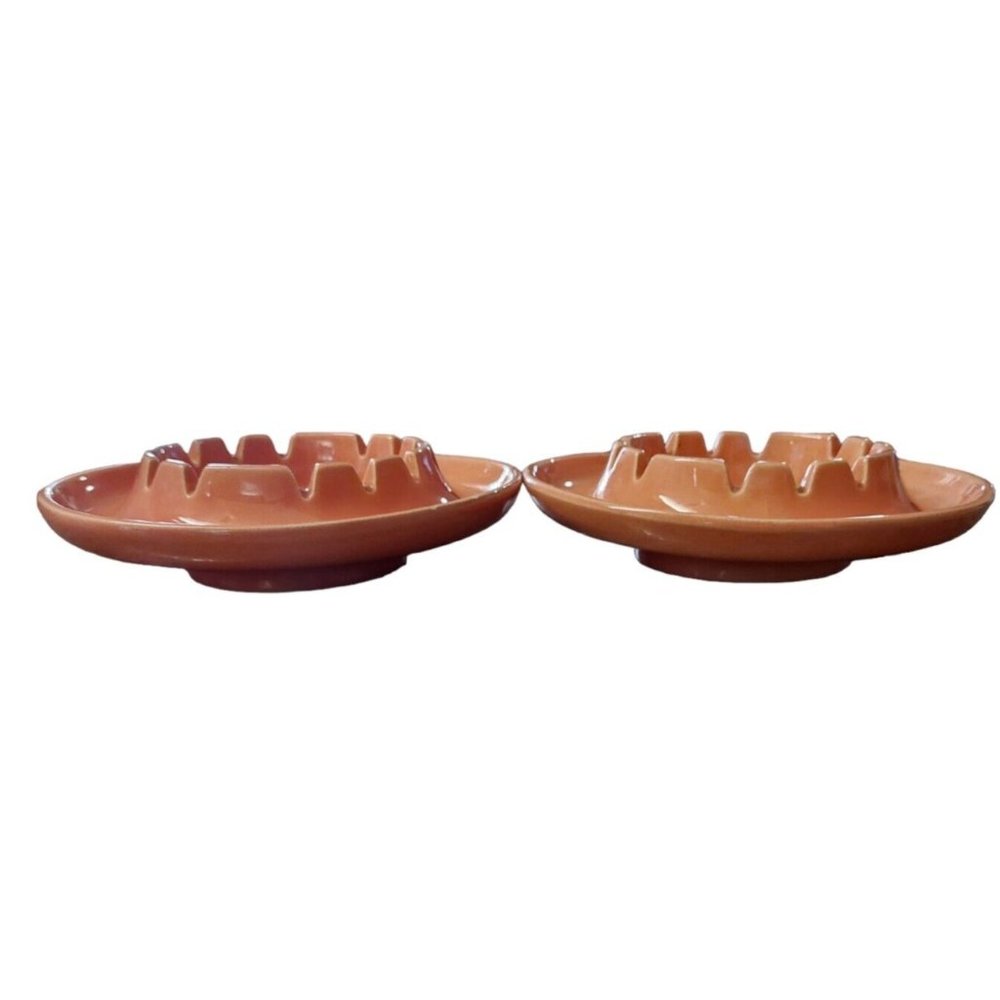 Lot of 2 2009 Haeger Made in USA Ceramic Pink Peach Ashtray Round Pedestal
